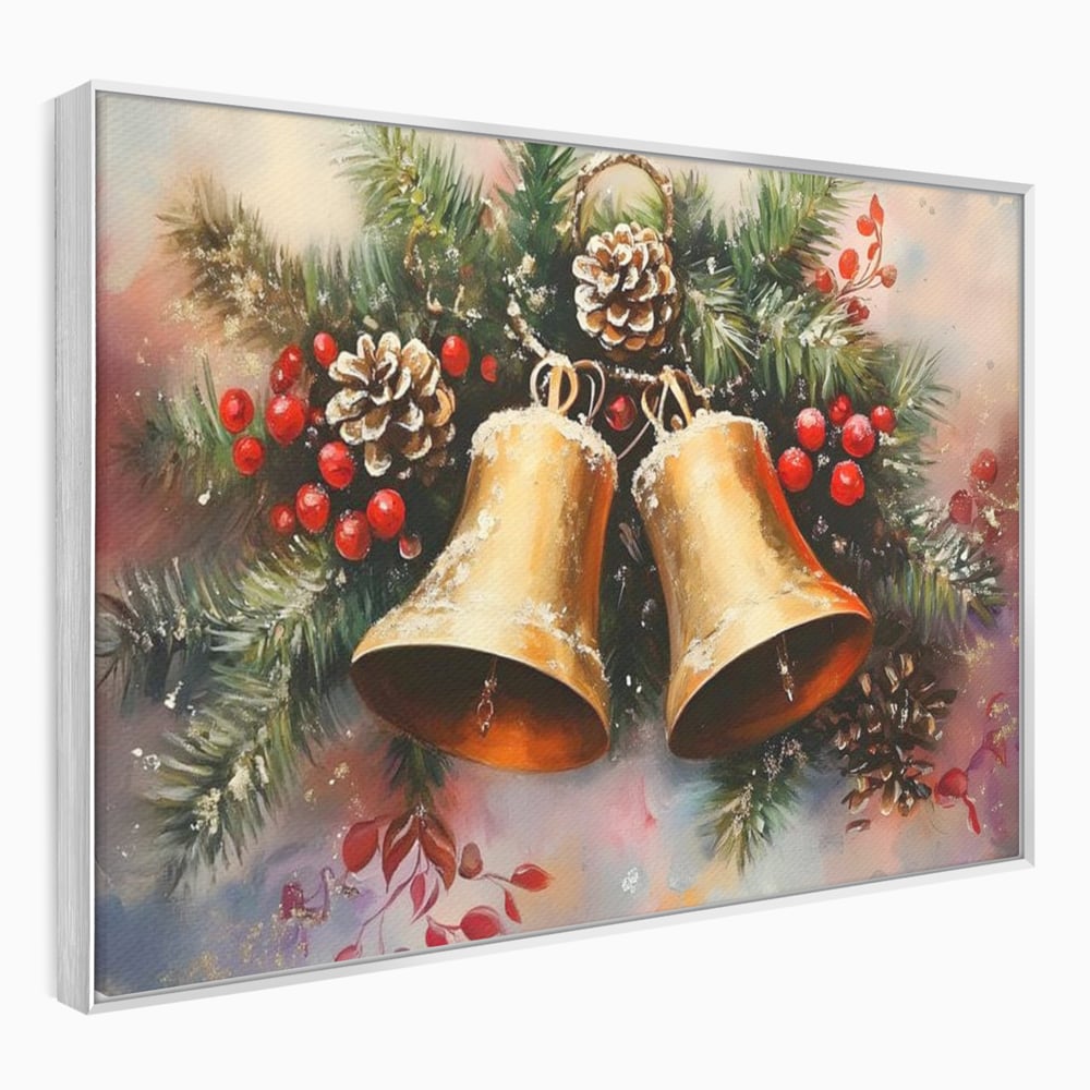Tablou canvas cu tablou canvas cu clopotei aurii si conuri, in rama de aluminiu argintiu